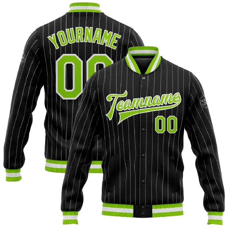 Slim Fit Puffer Jacket for Stylish Winter Wear-Custom Black White Pinstripe Neon Green Bomber Full-Snap Varsity Letterman Jacket