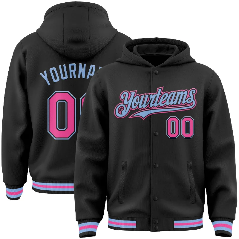 Trendy Cropped Hoodie for Casual Chic-Custom Black Pink-Light Blue Bomber Full-Snap Varsity Letterman Hoodie Jacket