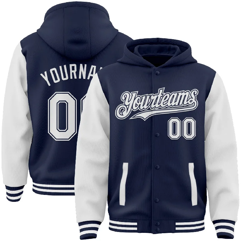 Lightweight Hooded Sweatshirt for Cool Days-Custom Navy White Bomber Full-Snap Varsity Letterman Two Tone Hoodie Jacket