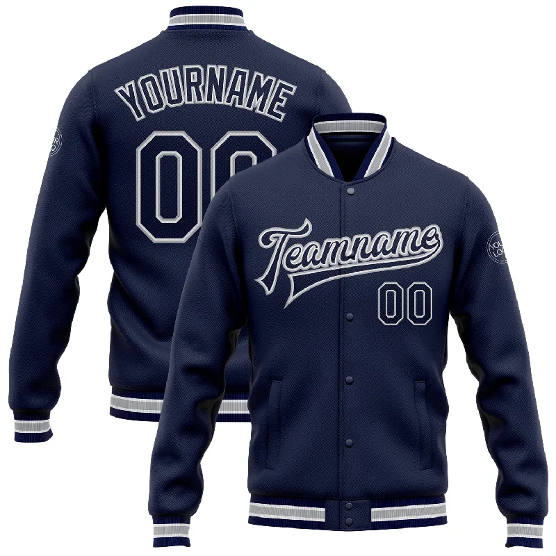 Casual Quilted Jacket for Fall Fashion Looks-Custom Navy White-Gray Bomber Full-Snap Varsity Letterman Jacket