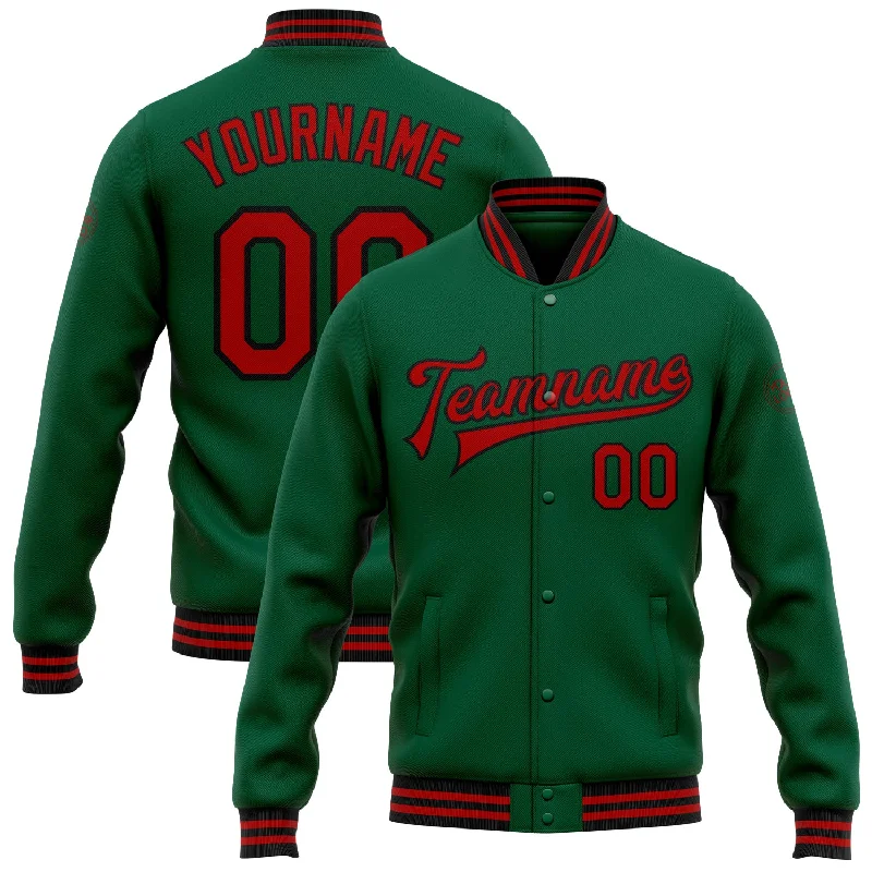 Sporty Active Jacket for Fitness Enthusiasts-Custom Kelly Green Red-Black Bomber Full-Snap Varsity Letterman Jacket