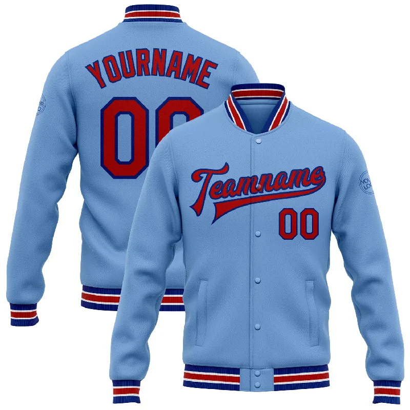 Athletic Wear Jacket for Running and Jogging-Custom Light Blue Red-Royal Bomber Full-Snap Varsity Letterman Jacket