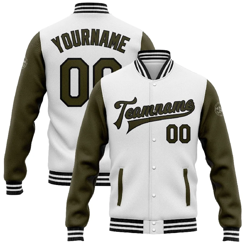 Modern Bomber Jacket for Effortless Cool-Custom White Olive-Black Bomber Full-Snap Varsity Letterman Two Tone Jacket