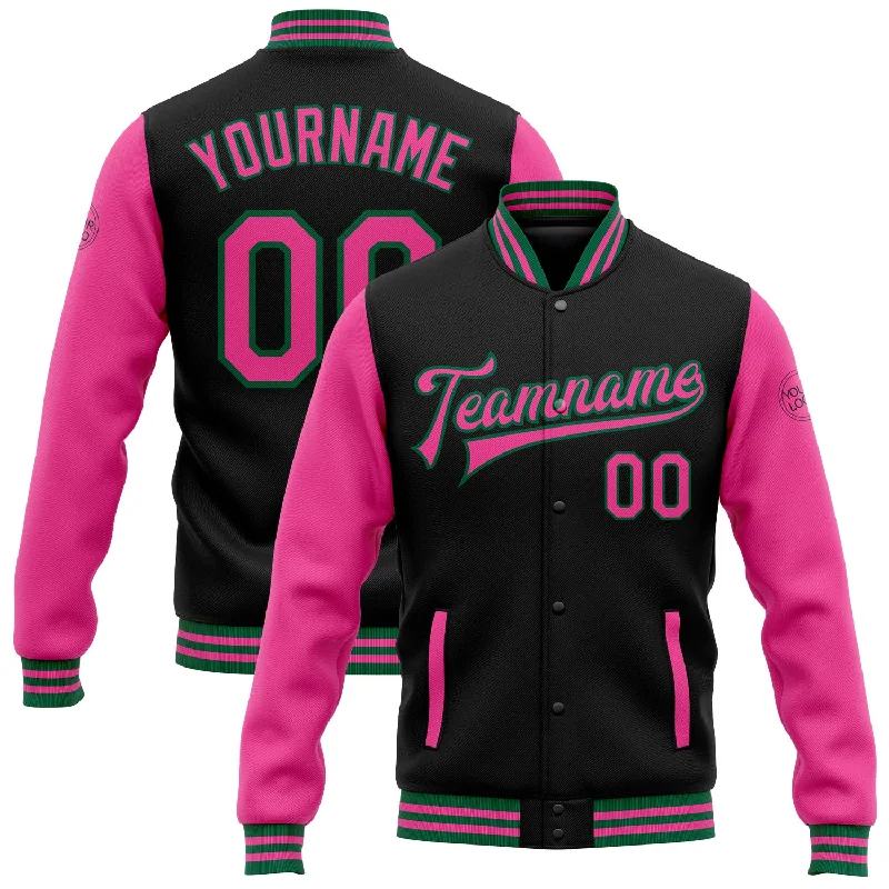 Sporty Active Jacket for Fitness Enthusiasts-Custom Black Pink-Kelly Green Bomber Full-Snap Varsity Letterman Two Tone Jacket