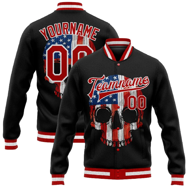 Classic Peacoat Jacket for Elegant Style-Custom Black Red-White Skull With American Flag 3D Bomber Full-Snap Varsity Letterman Jacket