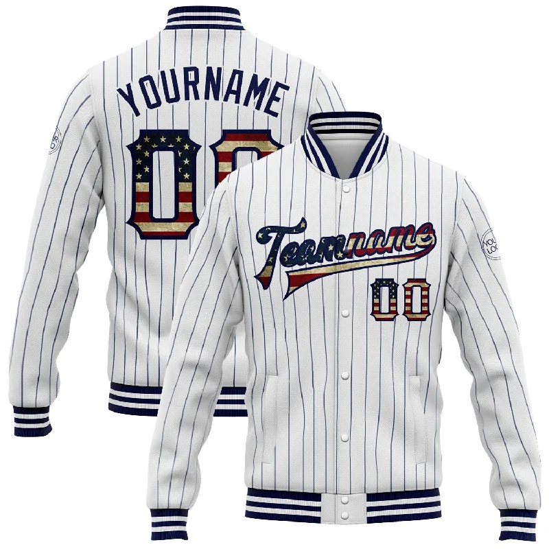 Trendy Shearling Jacket for Cold Winter Days-Custom White Navy Pinstripe Vintage USA Flag Bomber Full-Snap Varsity Letterman Jacket