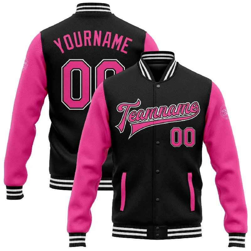 Warm Fleece Jacket for Layering-Custom Black Pink-White Bomber Full-Snap Varsity Letterman Two Tone Jacket