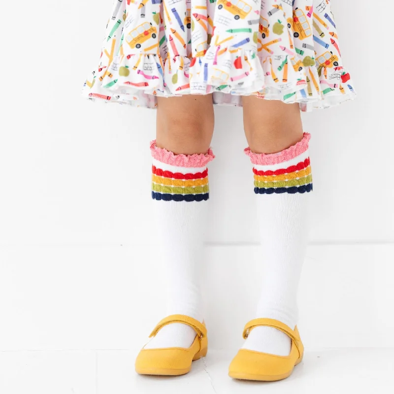 High-Quality Bamboo Fiber Socks for Softness-Rainbow Bubble Stripe Lace Top Knee High Socks