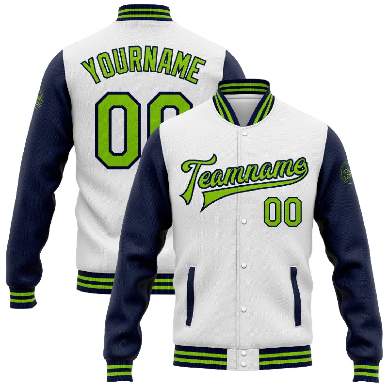 Trendy Zip-Up Jacket for Casual Styling-Custom White Neon Green-Navy Bomber Full-Snap Varsity Letterman Two Tone Jacket