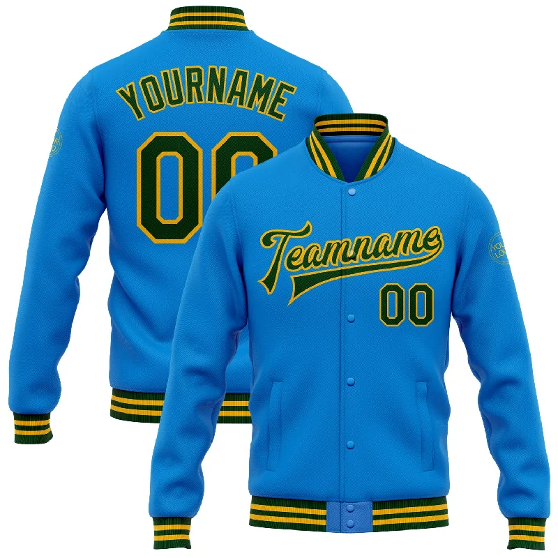 Heavy Duty Work Jacket for Tough Environments-Custom Powder Blue Green-Gold Bomber Full-Snap Varsity Letterman Jacket