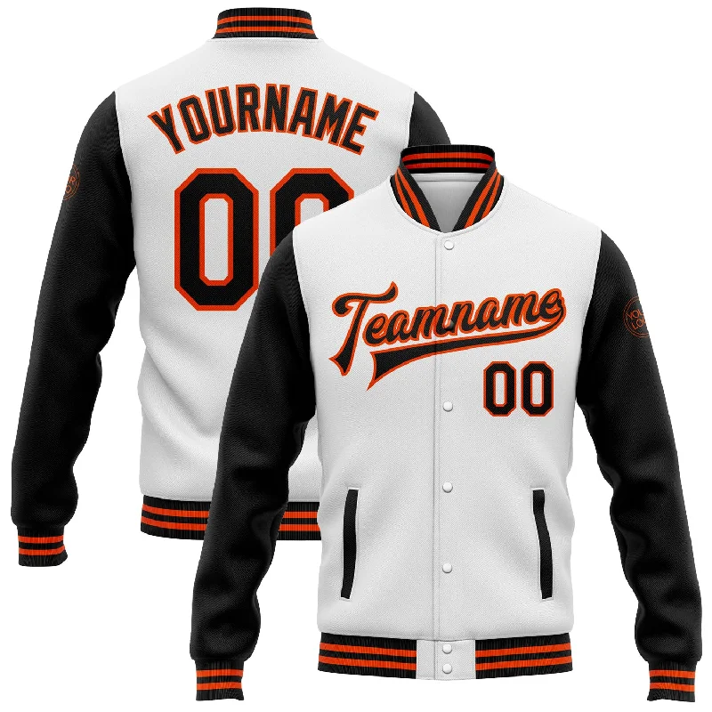 Modern Bomber Jacket for Effortless Cool-Custom White Black-Orange Bomber Full-Snap Varsity Letterman Two Tone Jacket