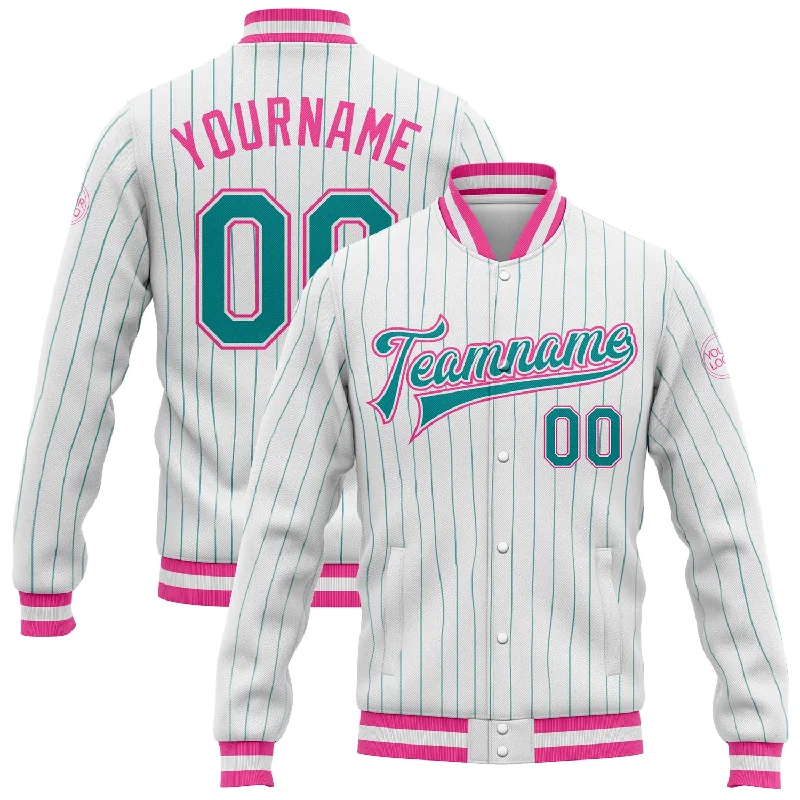 Sleek Performance Jacket for Active Lifestyles-Custom White Teal Pinstripe Pink Bomber Full-Snap Varsity Letterman Jacket