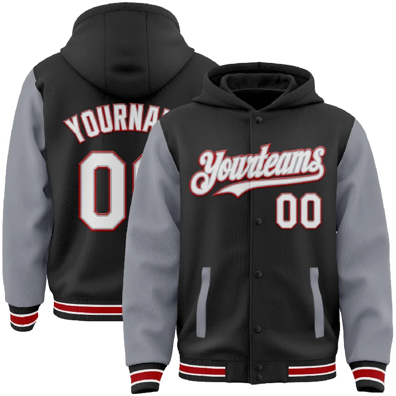 Warm Hoodie for Snowy Days-Custom Black Gray-Red Bomber Full-Snap Varsity Letterman Two Tone Hoodie Jacket