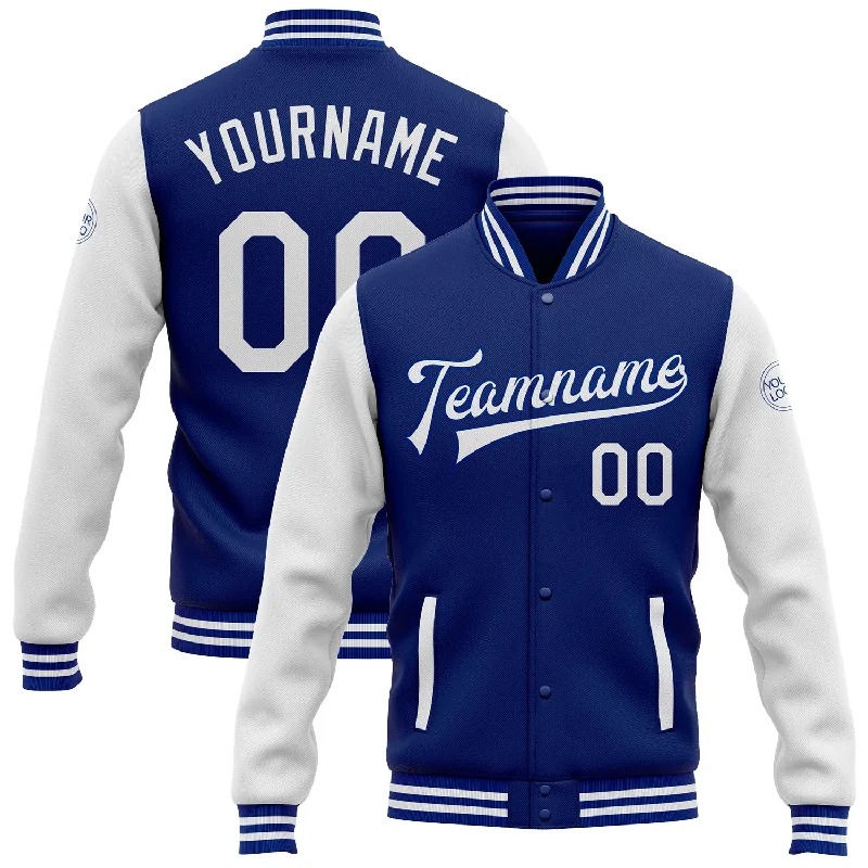 Cozy Quilted Jacket for Fall and Winter-Custom Royal White Bomber Full-Snap Varsity Letterman Two Tone Jacket