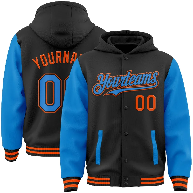 High-Performance Hoodie for Running-Custom Black Powder Blue-Orange Bomber Full-Snap Varsity Letterman Two Tone Hoodie Jacket