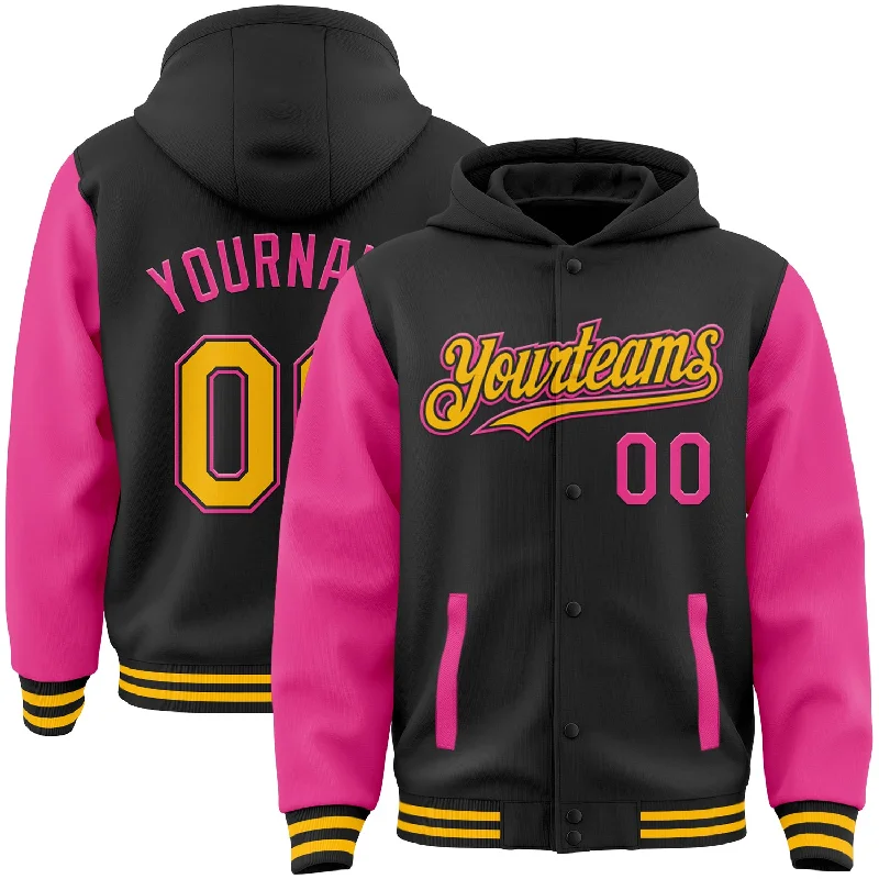 Cozy Hoodie with a Soft Lining for Extra Comfort-Custom Black Gold-Pink Bomber Full-Snap Varsity Letterman Two Tone Hoodie Jacket