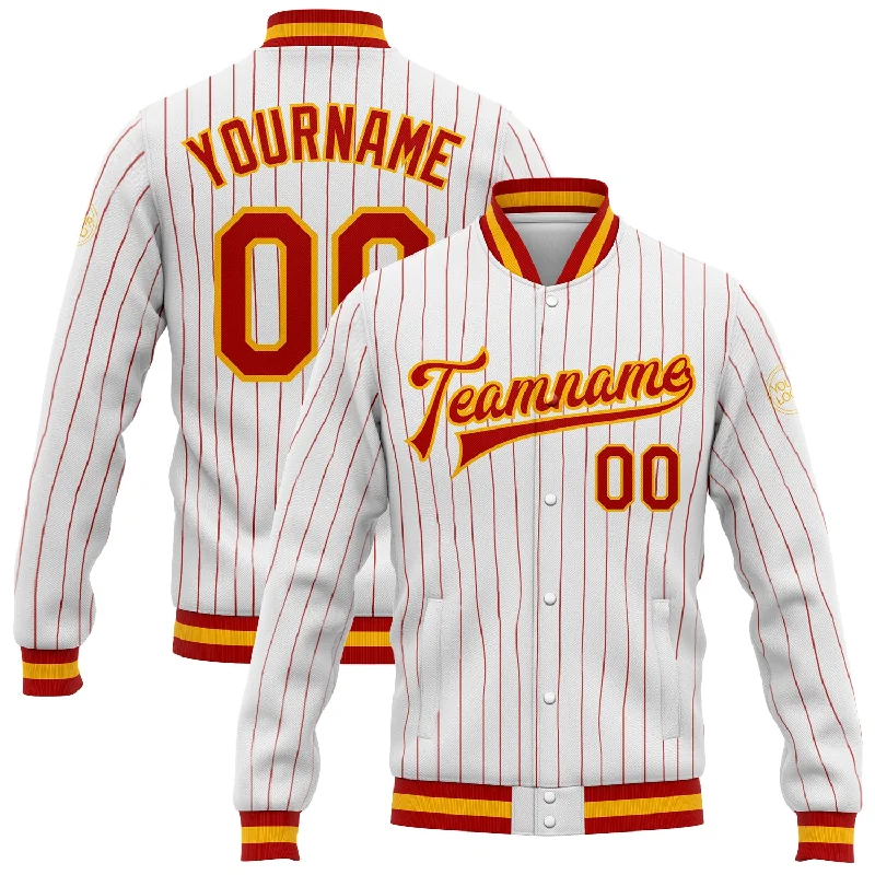 Comfortable Sherpa Lined Jacket for Winter Warmth-Custom White Red Pinstripe Gold Bomber Full-Snap Varsity Letterman Jacket