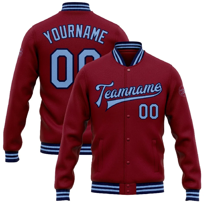 Warm Faux Leather Jacket for Fall and Winter-Custom Crimson Light Blue-Navy Bomber Full-Snap Varsity Letterman Jacket