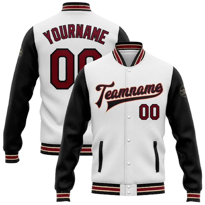 Waterproof Outdoor Jacket for Wet Conditions-Custom White Crimson Black-City Cream Bomber Full-Snap Varsity Letterman Two Tone Jacket