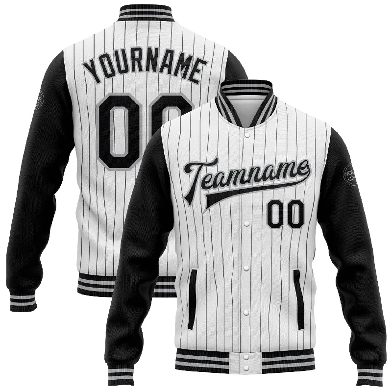 Modern Utility Jacket for Work and Play-Custom White Black Pinstripe Gray Bomber Full-Snap Varsity Letterman Two Tone Jacket