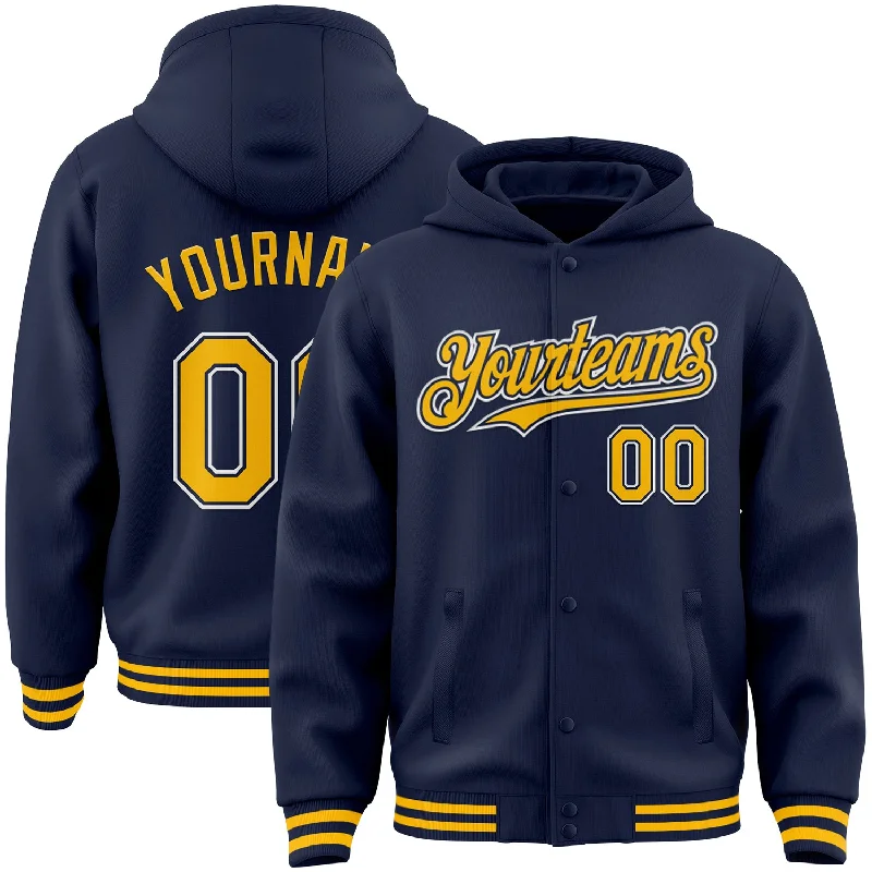 Cozy Hoodie for Every Season-Custom Navy Gold-White Bomber Full-Snap Varsity Letterman Hoodie Jacket