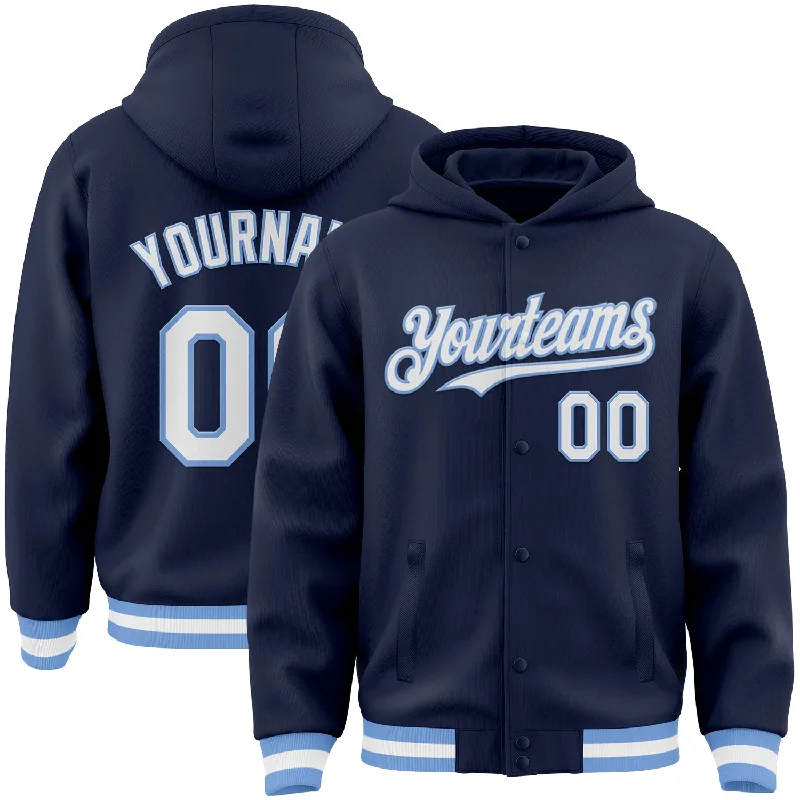 Stylish Hoodie with Bold Prints-Custom Navy White-Light Blue Bomber Full-Snap Varsity Letterman Hoodie Jacket