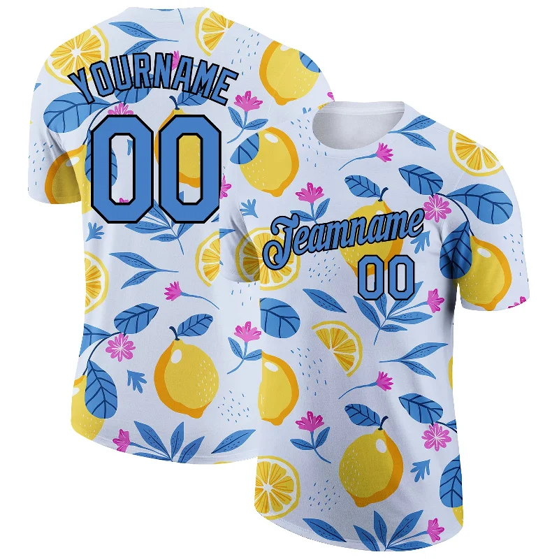 Fun and Playful Graphic T-Shirt for Youthful Energy-Custom White Blue-Black 3D Pattern Design Summer Holiday Fruit And Flower Performance T-Shirt