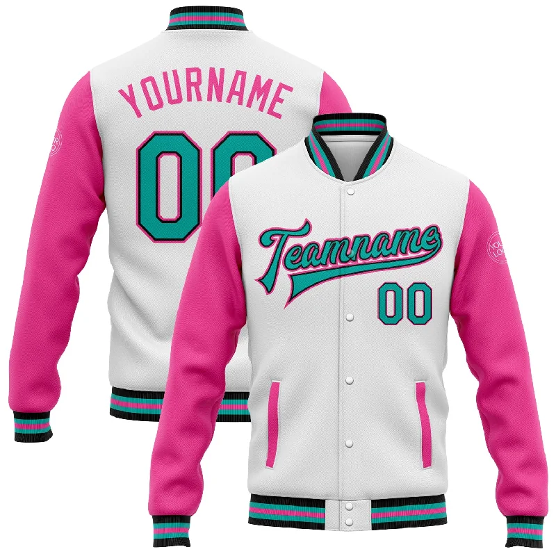 Slim Fit Puffer Jacket for Stylish Winter Wear-Custom White Aqua Black-Pink Bomber Full-Snap Varsity Letterman Two Tone Jacket