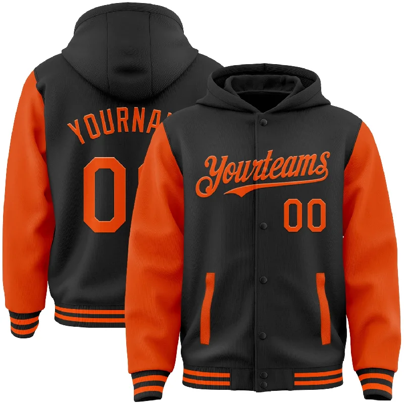 Warm Hoodie for Outdoor Sports-Custom Black Orange Bomber Full-Snap Varsity Letterman Two Tone Hoodie Jacket