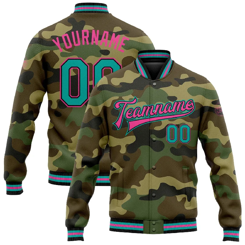 Relaxed Fit Canvas Jacket for Easy Days-Custom Camo Aqua Black-Pink Bomber Full-Snap Varsity Letterman Salute To Service Jacket