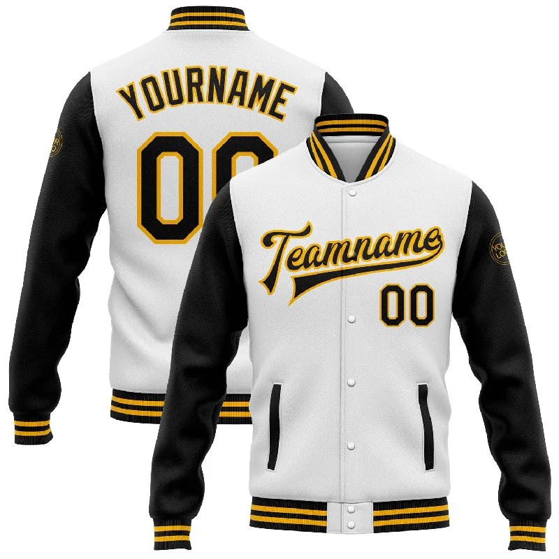 Soft Shell Jacket for Spring Weather-Custom White Black-Gold Bomber Full-Snap Varsity Letterman Two Tone Jacket