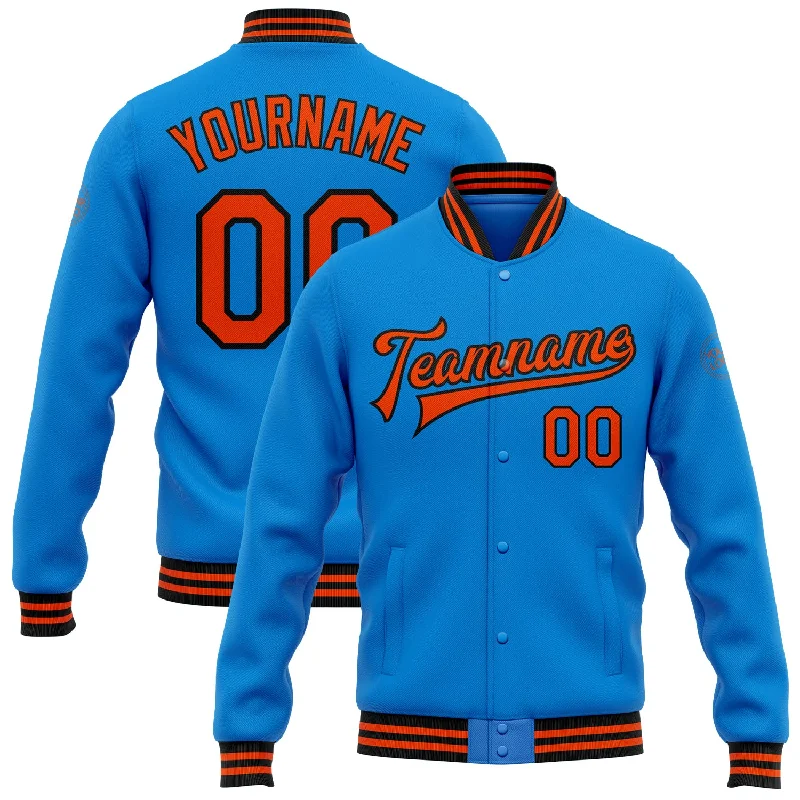 Relaxed Fit Denim Jacket for Casual Looks-Custom Powder Blue Orange-Black Bomber Full-Snap Varsity Letterman Jacket