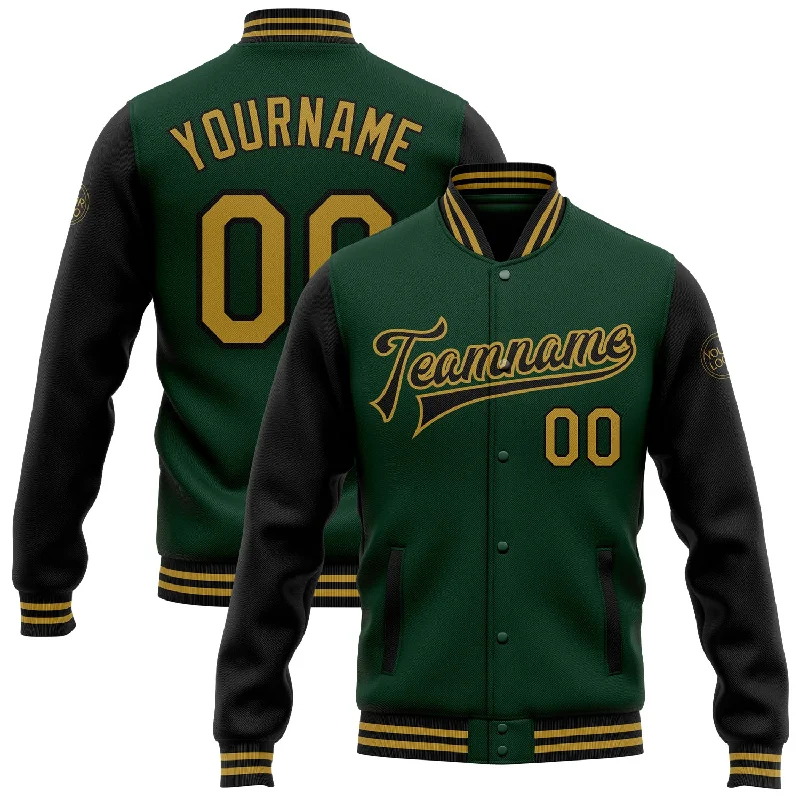 Insulated Hooded Jacket for Chilly Weather-Custom Green Old Gold-Black Bomber Full-Snap Varsity Letterman Two Tone Jacket