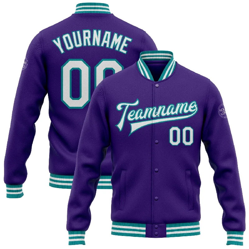 Trendy Zip-Up Jacket for Casual Styling-Custom Purple White-Teal Bomber Full-Snap Varsity Letterman Jacket