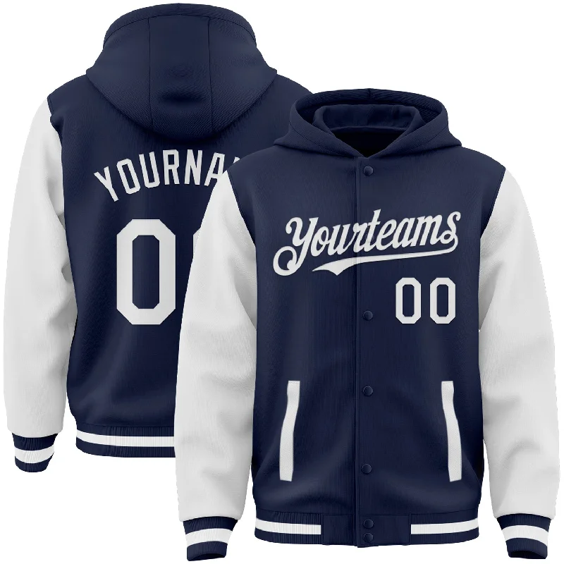 Soft French Terry Hoodie for Gentle Touch-Custom Navy White Bomber Full-Snap Varsity Letterman Two Tone Hoodie Jacket