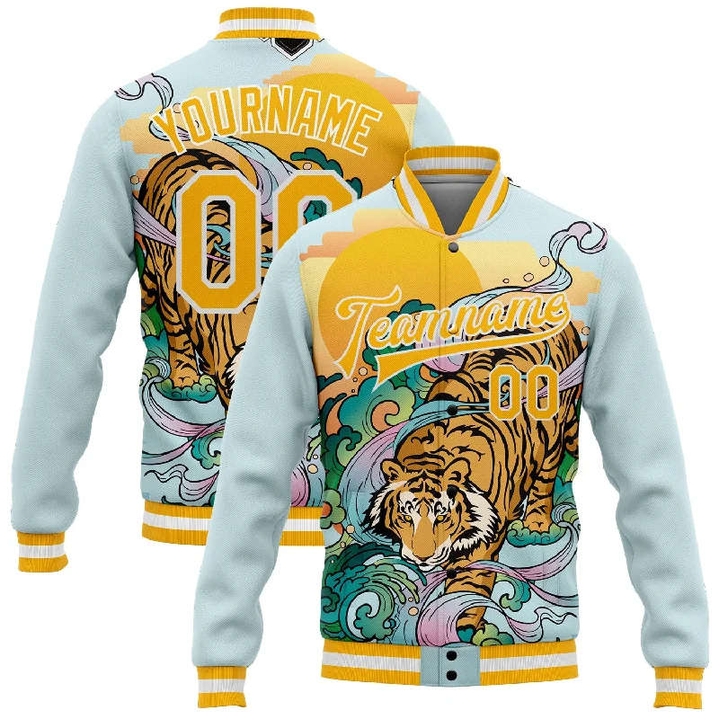 Trendy Wool Blend Jacket for Cold Weather-Custom Lakes Blue Gold-White Tiger 3D Pattern Design Bomber Full-Snap Varsity Letterman Jacket