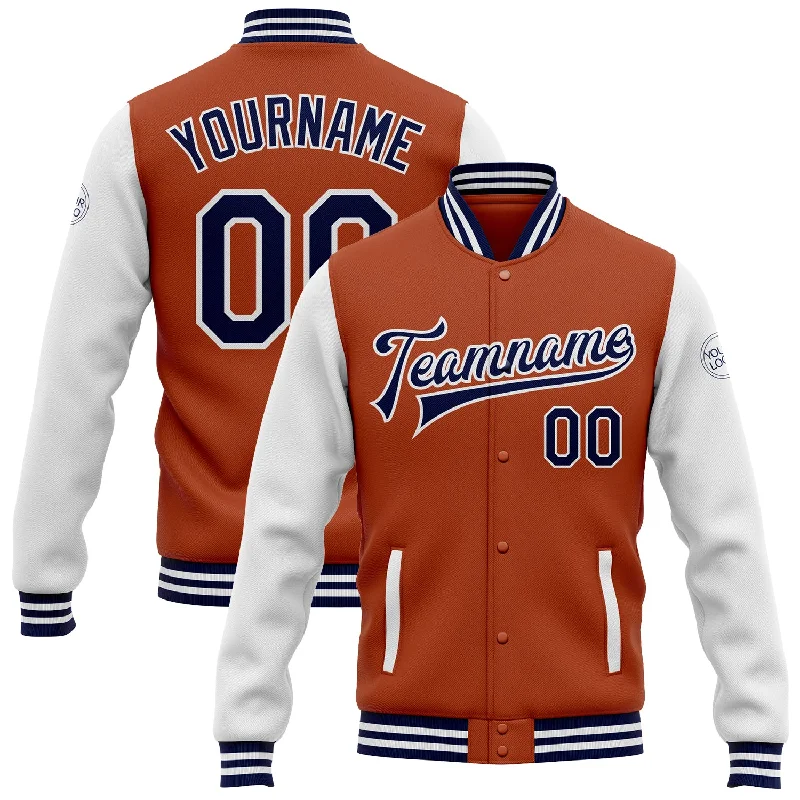 Slim Fit Puffer Jacket for Stylish Winter Wear-Custom Texas Orange Navy-White Bomber Full-Snap Varsity Letterman Two Tone Jacket