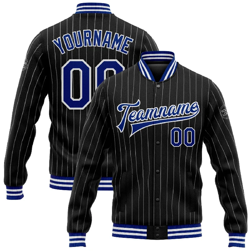 Versatile Soft Shell Jacket for Outdoor Sports-Custom Black White Pinstripe Royal Bomber Full-Snap Varsity Letterman Jacket