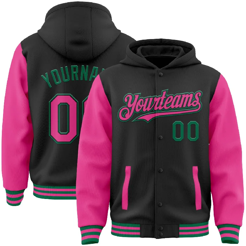 Soft Hoodie for Home Comfort-Custom Black Pink-Kelly Green Bomber Full-Snap Varsity Letterman Two Tone Hoodie Jacket