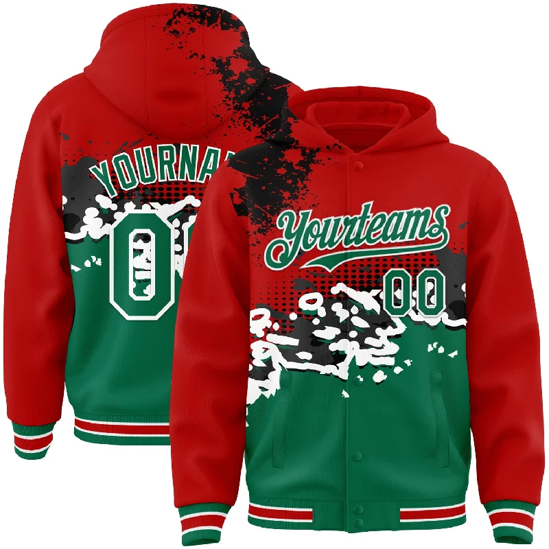 Lightweight Hooded Sweatshirt for Cool Days-Custom Red Kelly Green-Black Abstract Splash Grunge Art 3D Pattern Design Bomber Full-Snap Varsity Letterman Hoodie Jacket