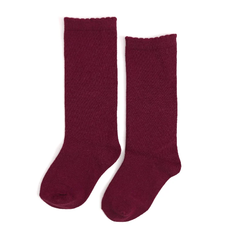 Cushion-Fitted Sport Socks for Enhanced Performance-Scalloped Knee High Socks - Burgundy