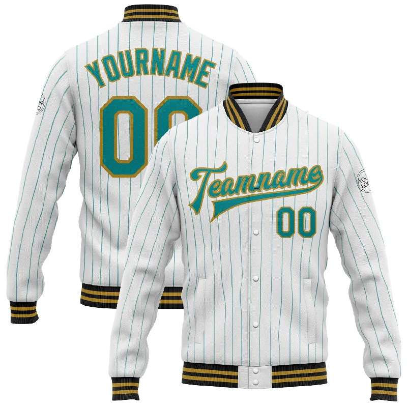 Soft Wool Jacket for Fall Fashion-Custom White Teal Pinstripe Old Gold-Black Bomber Full-Snap Varsity Letterman Jacket