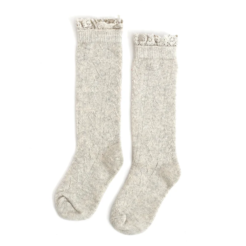 Kids’ Fun Socks with Cartoon Characters-Heathered Ivory Fancy Lace Top Knee High Socks