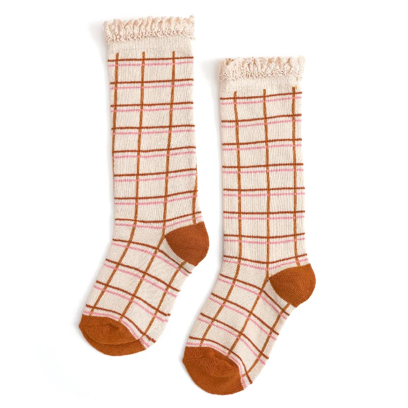 Soft Sport Socks for Light Exercise-Vanilla Grid Lace Top Knee High Socks