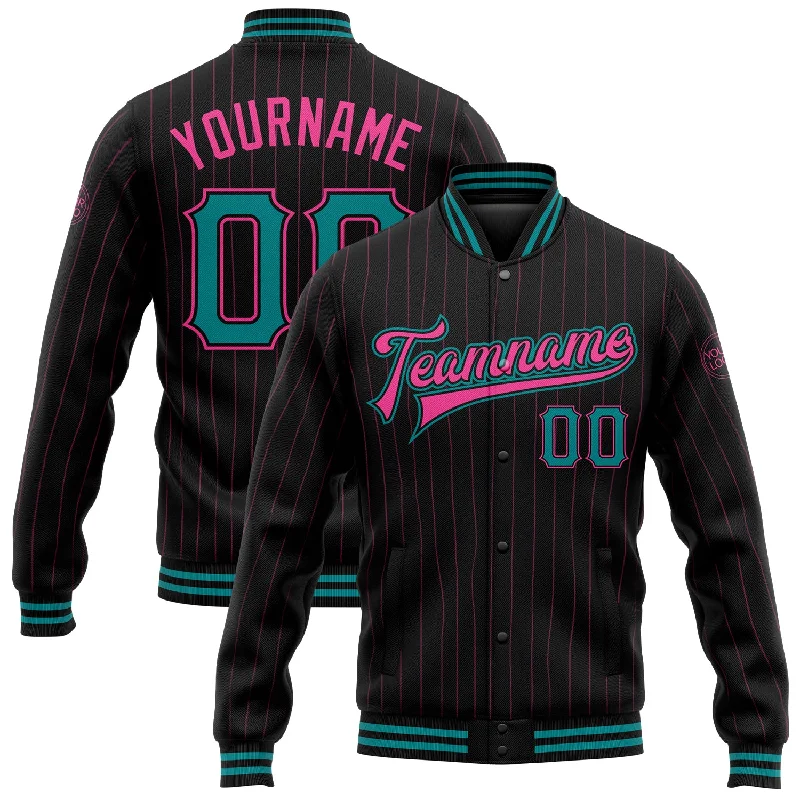 Trendy Shearling Jacket for Cold Winter Days-Custom Black Pink Pinstripe Teal Bomber Full-Snap Varsity Letterman Jacket