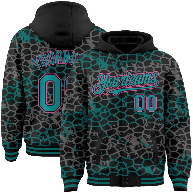 Comfortable Full-Zip Hoodie for Easy Layering-Custom Black Teal-Pink Abstract Network 3D Pattern Design Bomber Full-Snap Varsity Letterman Hoodie Jacket