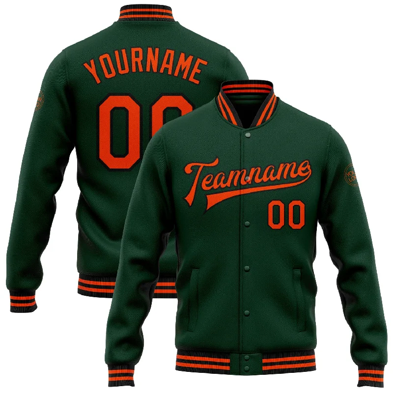 Waterproof Outdoor Jacket for Wet Conditions-Custom Green Orange-Black Bomber Full-Snap Varsity Letterman Jacket