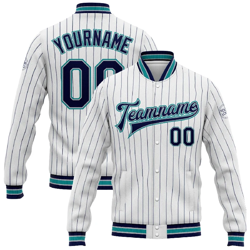 Warm Waterproof Jacket for Stormy Conditions-Custom White Navy Pinstripe Gray-Teal Bomber Full-Snap Varsity Letterman Jacket