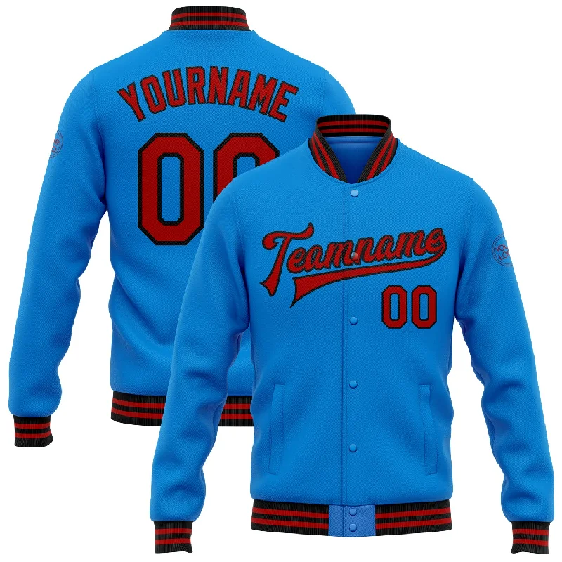 Comfortable Travel Jacket for Adventure Trips-Custom Powder Blue Red-Black Bomber Full-Snap Varsity Letterman Jacket