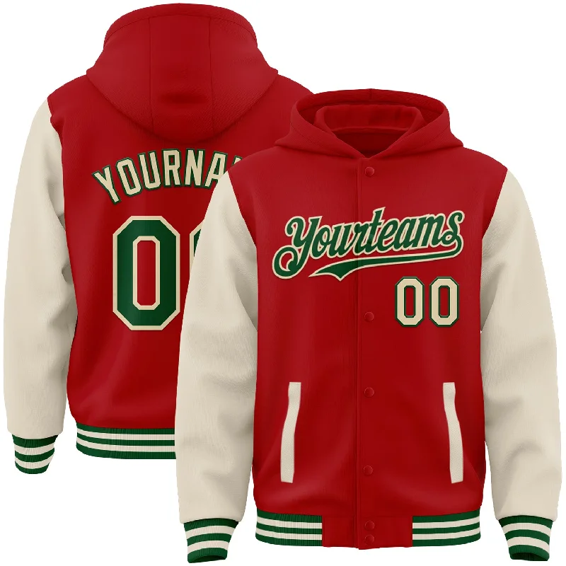 Soft Hoodie for All-Day Comfort-Custom Red Green-Cream Bomber Full-Snap Varsity Letterman Two Tone Hoodie Jacket